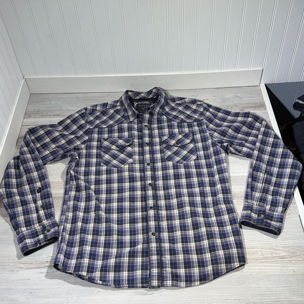 Guess Men Size L Blue White Black Plaid Western Shirt Pearl Snap Buttons No. 81